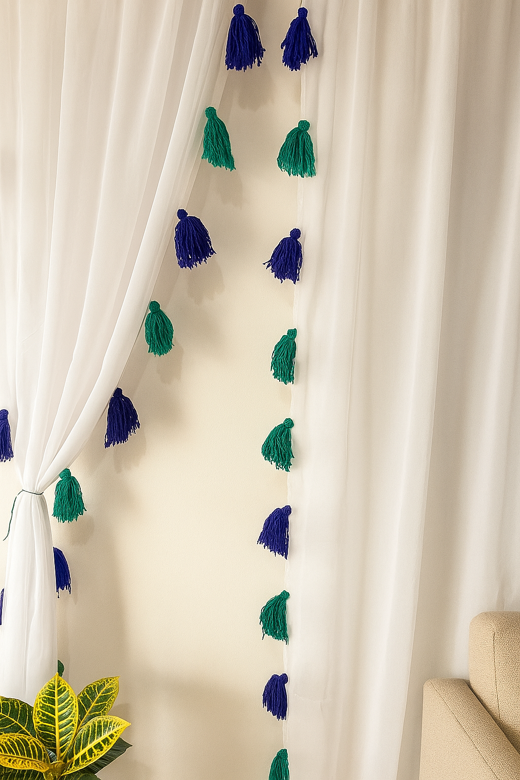 White Sheer Curtains with Blue and Green Tassels