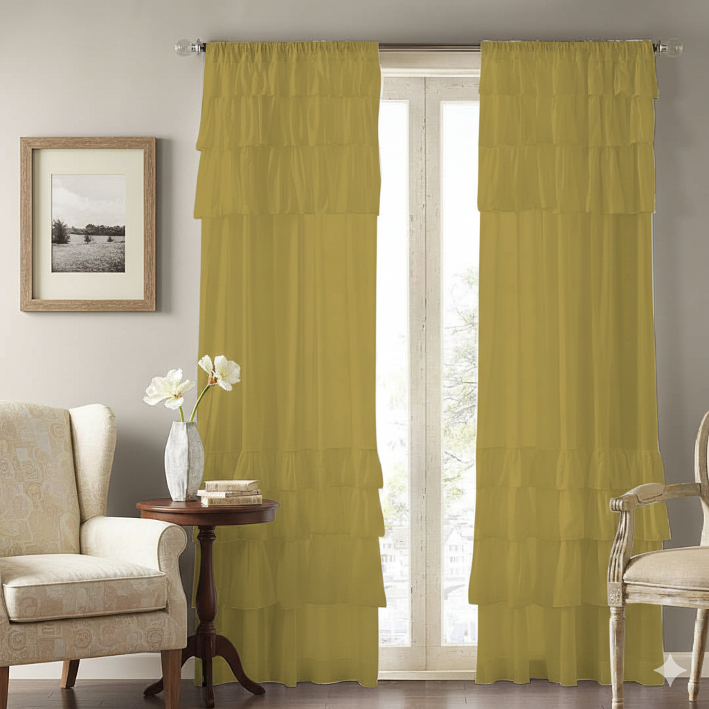 Mustard Yellow Sheer Curtains with Layered Ruffle Detail Main image