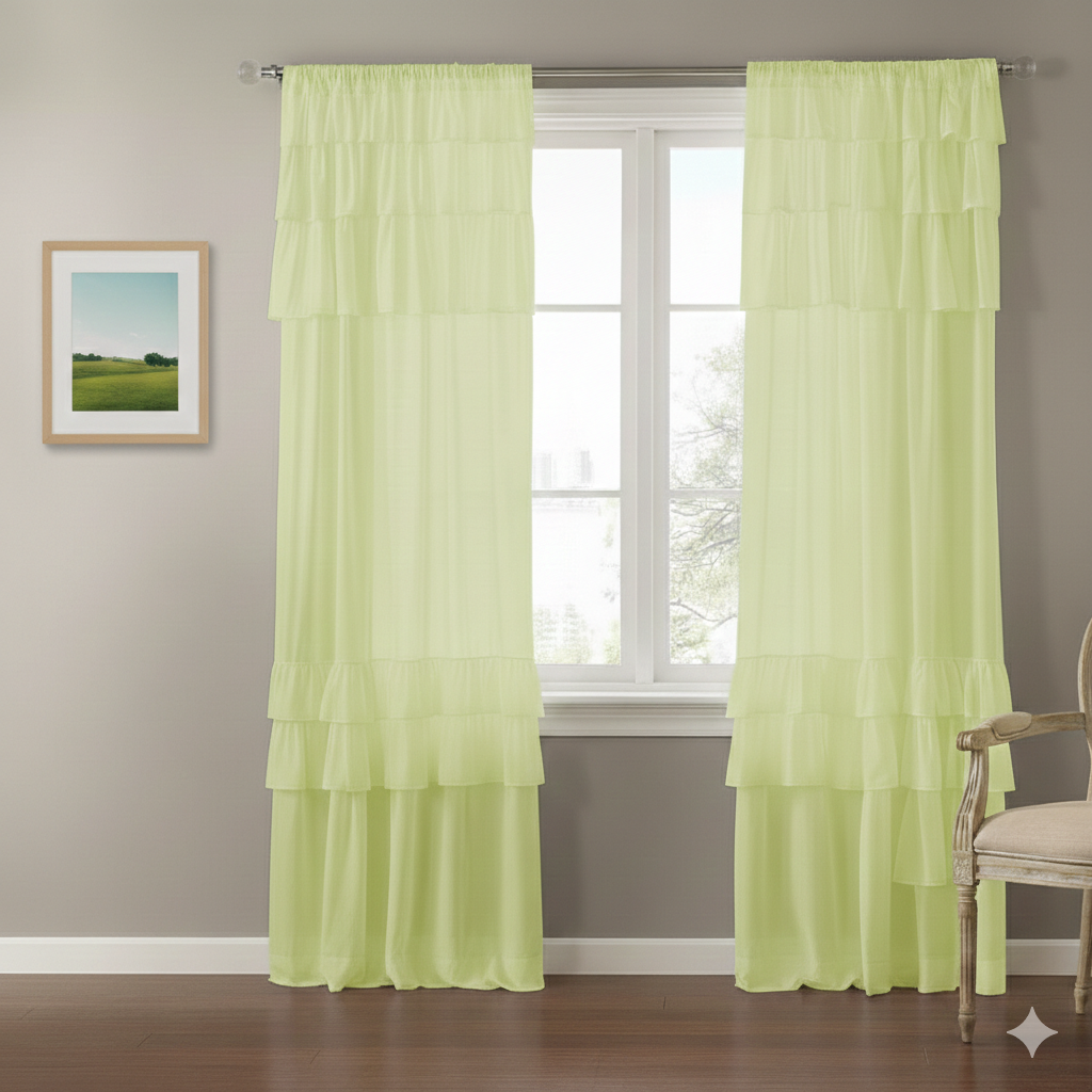 Light Green Sheer Curtains with Layered Ruffles