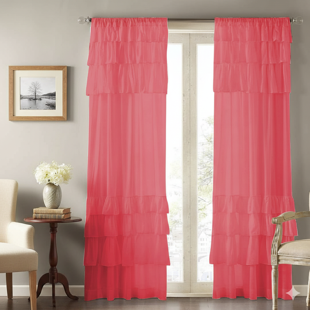 Bright Golden Yellow Sheer Window Curtain Panel with Layered Ruffle Detailing