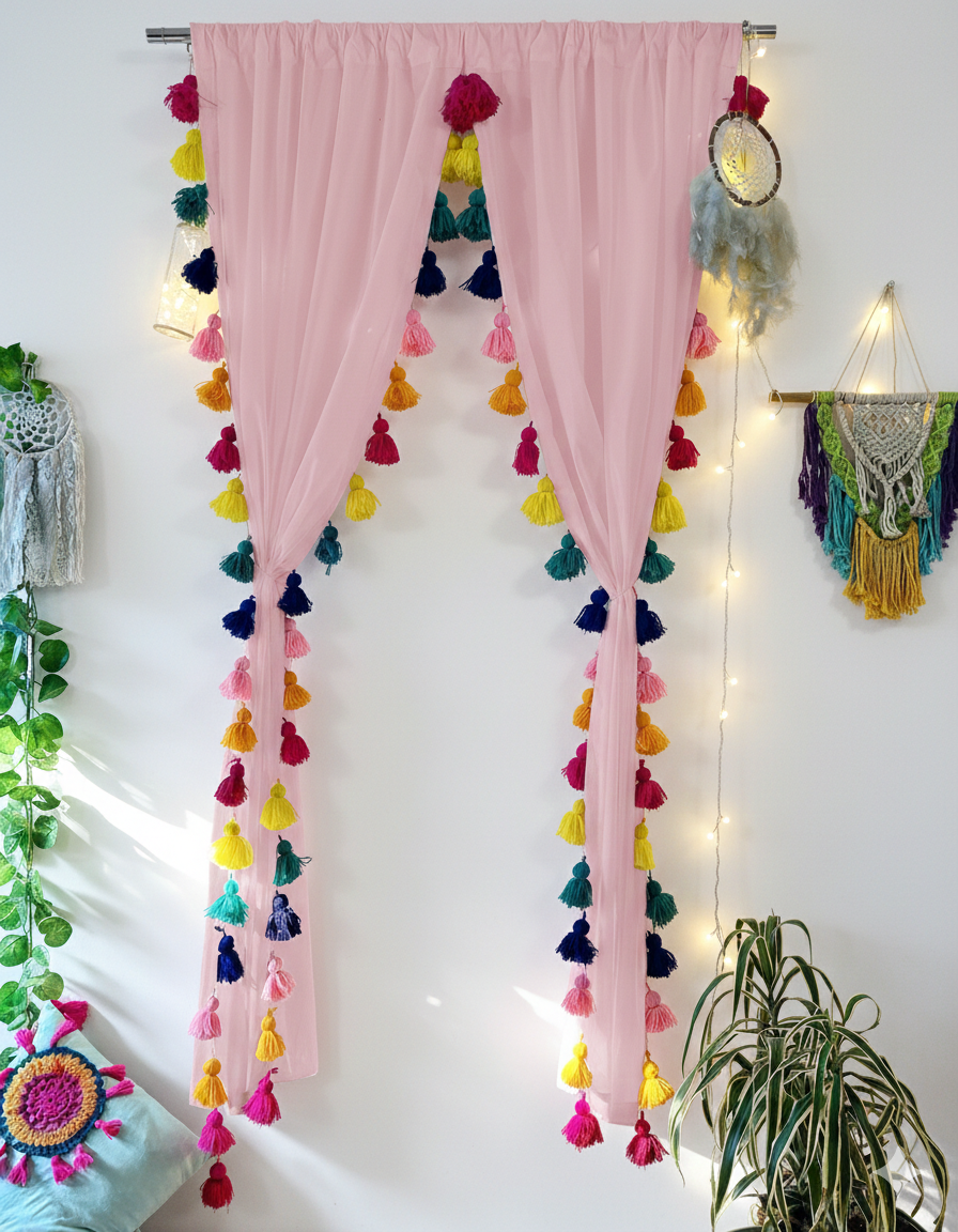 Soft Light Pink Sheer Curtain with Multicolor Tassel Edges