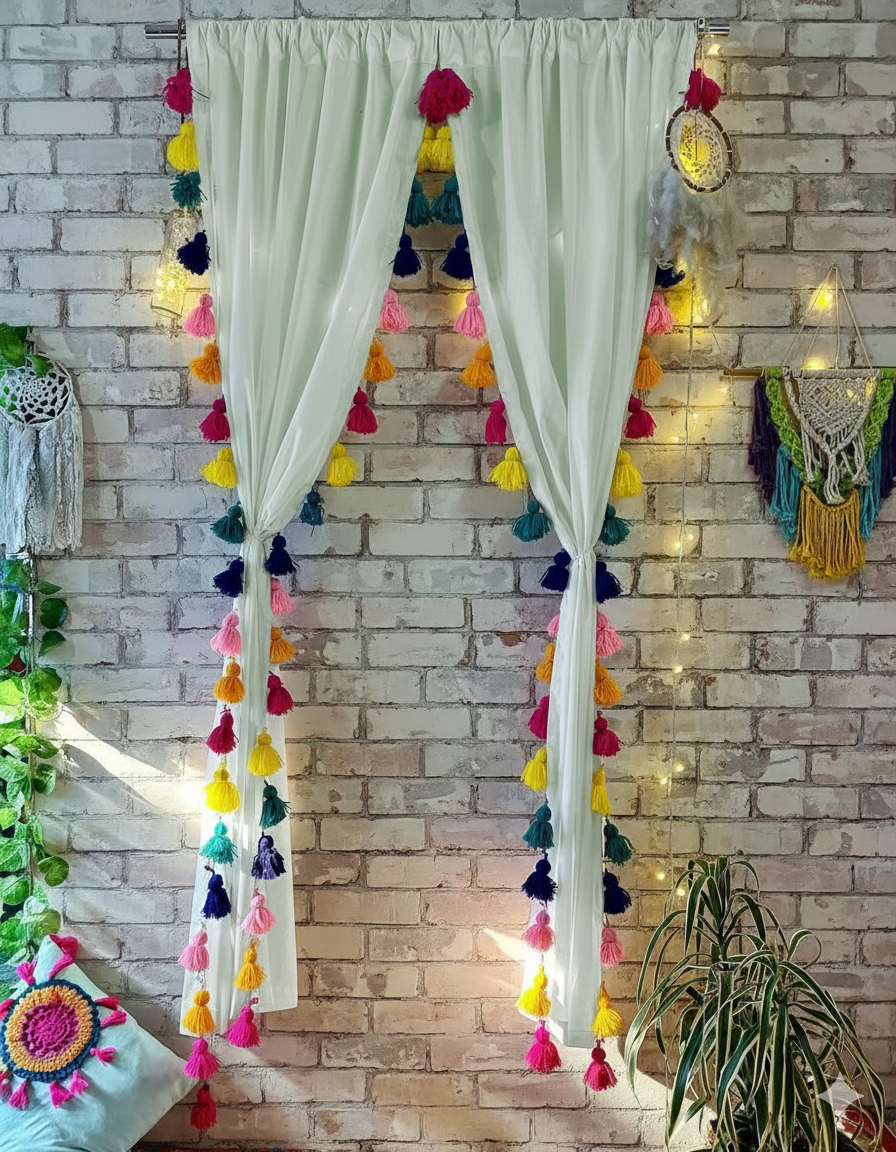 Soft Off-White Sheer Curtain with Multicolor Tassel Edges Main image