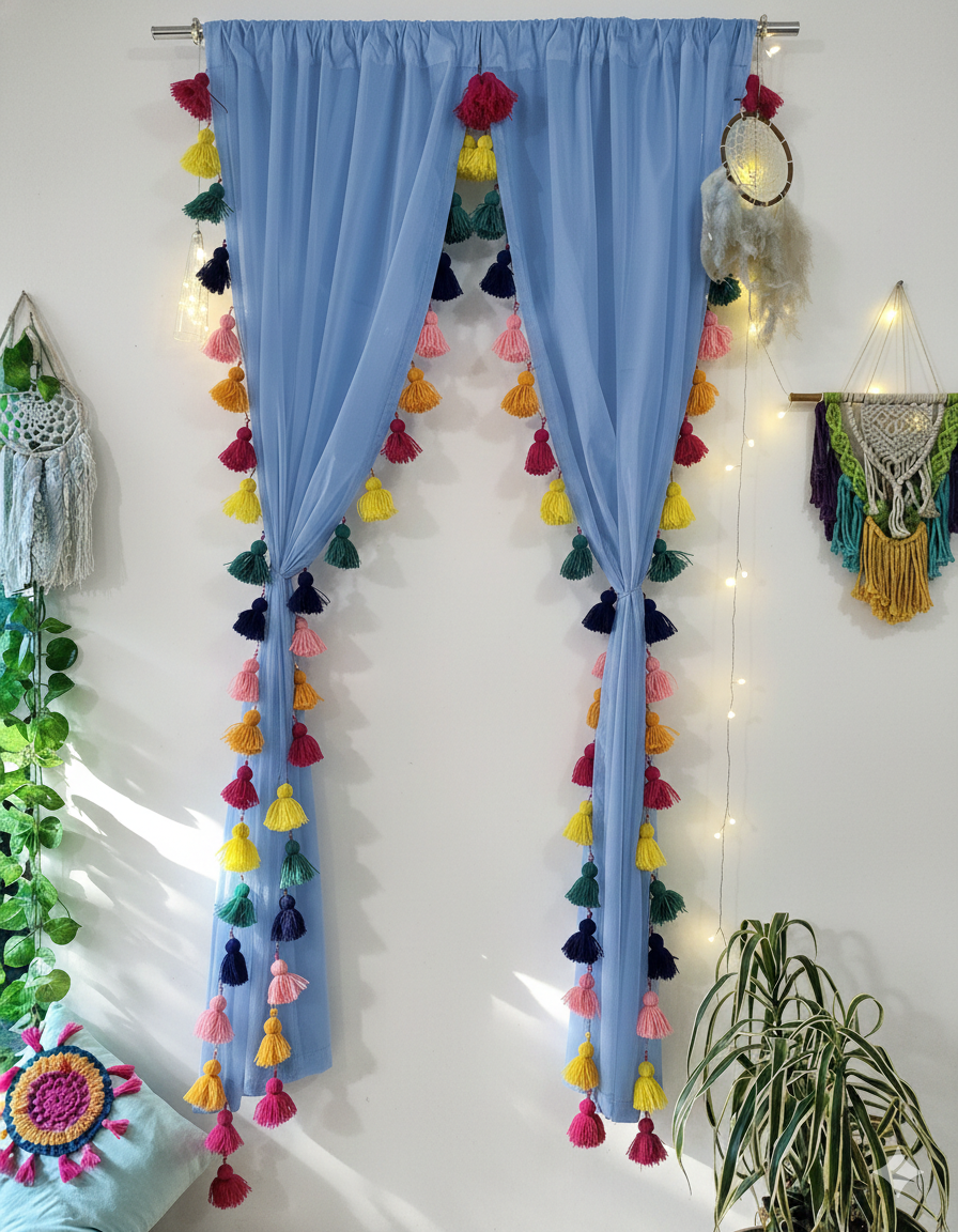 teal Sheer Curtain with Multicolor Tassel Edges
