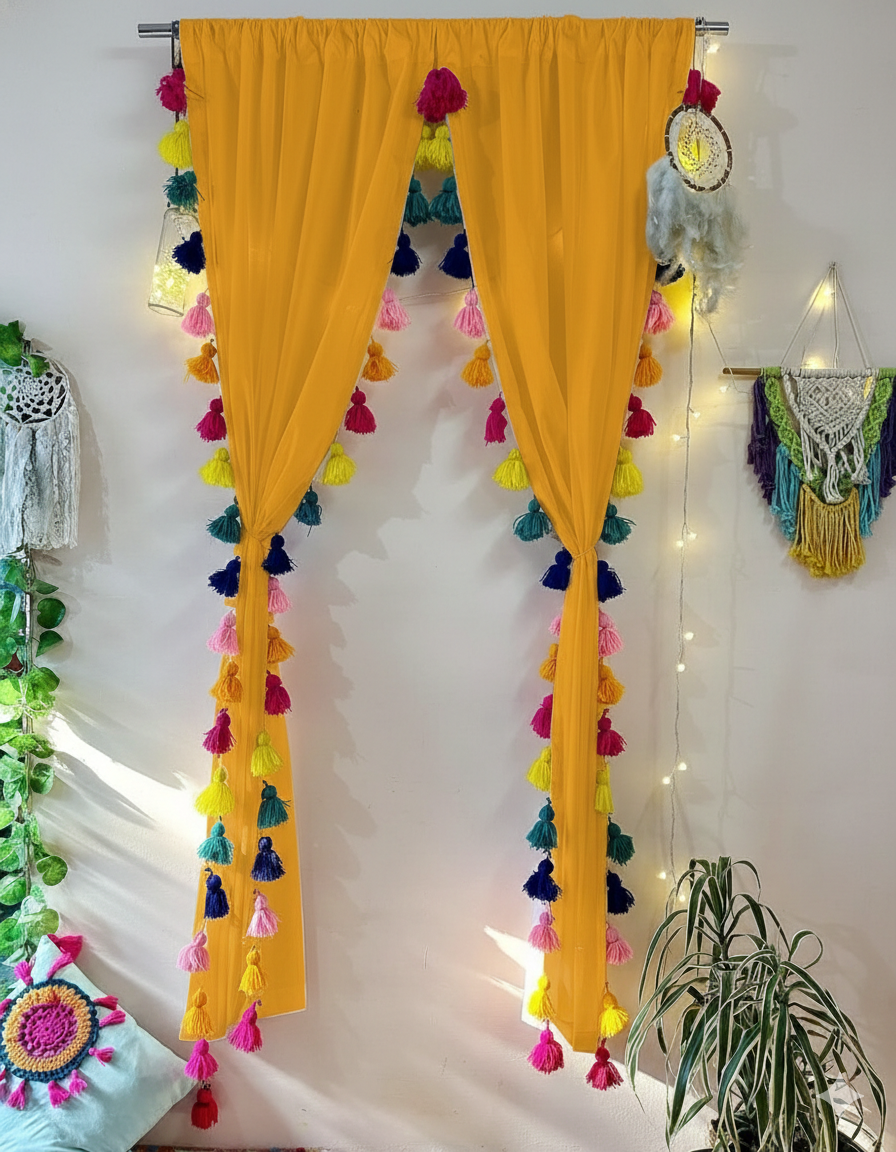 Mustard Yellow Sheer Curtain with Multicolor Tassel Borders