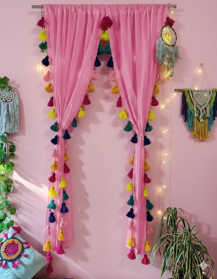 Pink Sheer Curtain with Multicolor Tassel Sides