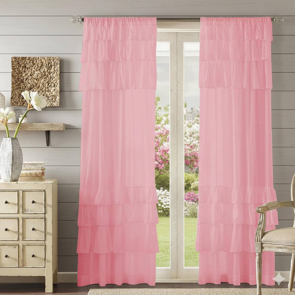 Soft Pink Sheer Curtain with Layered Ruffle Design Main image