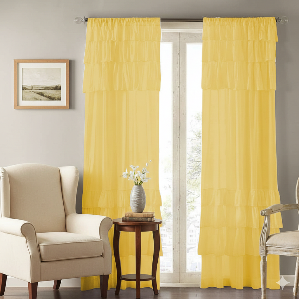 Soft Yellow Sheer Curtain with Layered Ruffle Panels Main image