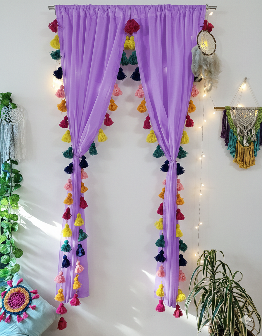 Lavender Sheer Curtain with Multicolor Tassel Trim