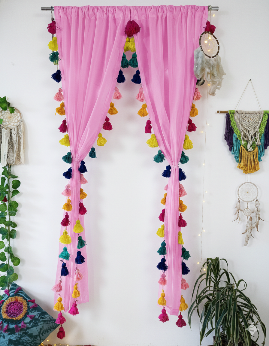 Light Pink Sheer Curtain with Multicolor Tassel Borders Main image