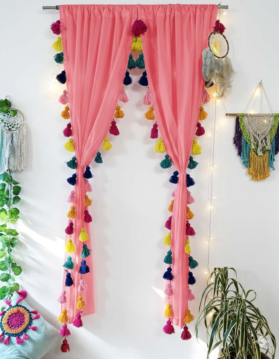 Soft Pink Sheer Curtain with Multicolor Tassel Trim Main image