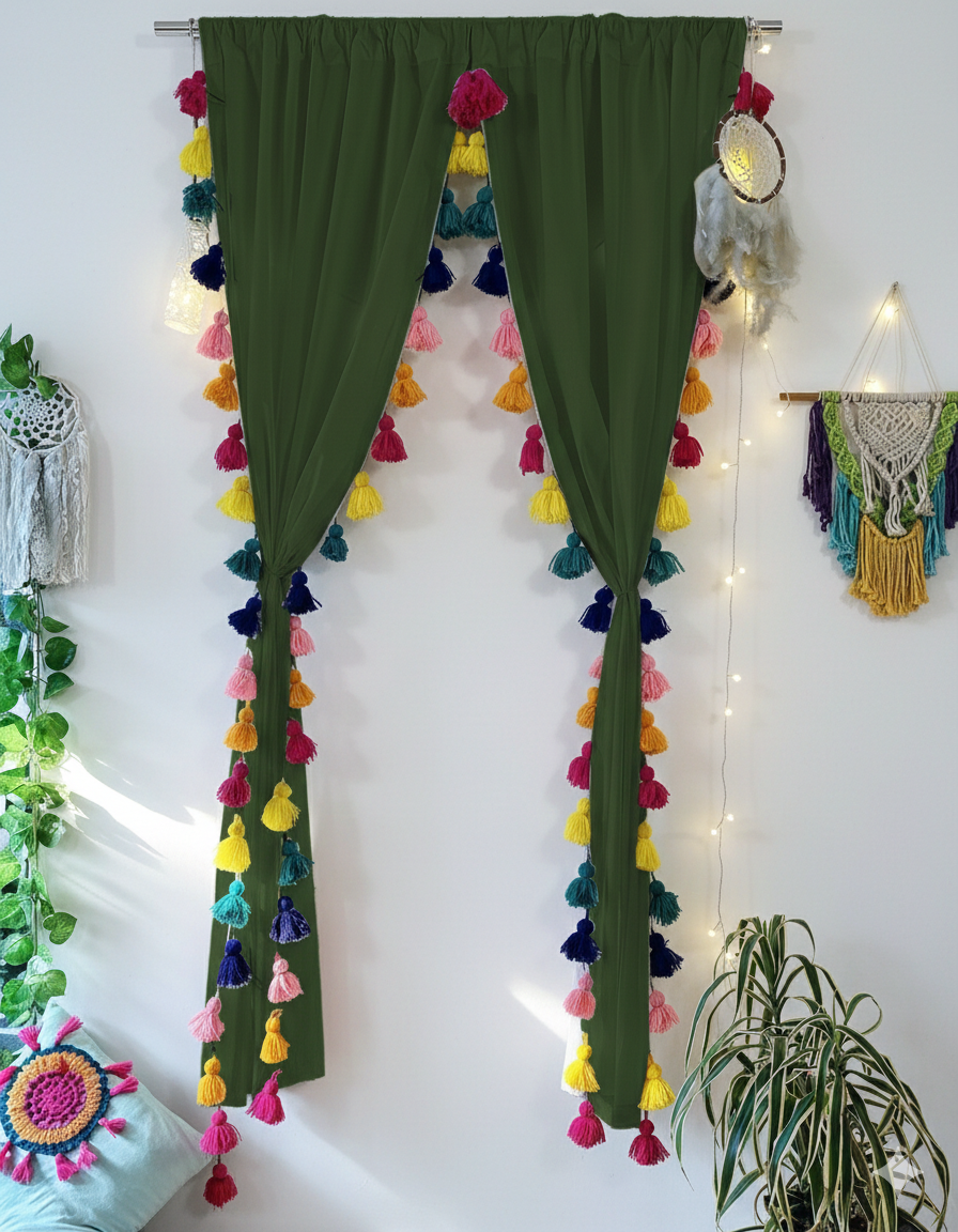 Dark Green Sheer Curtain with Multicolor Tassel Edges