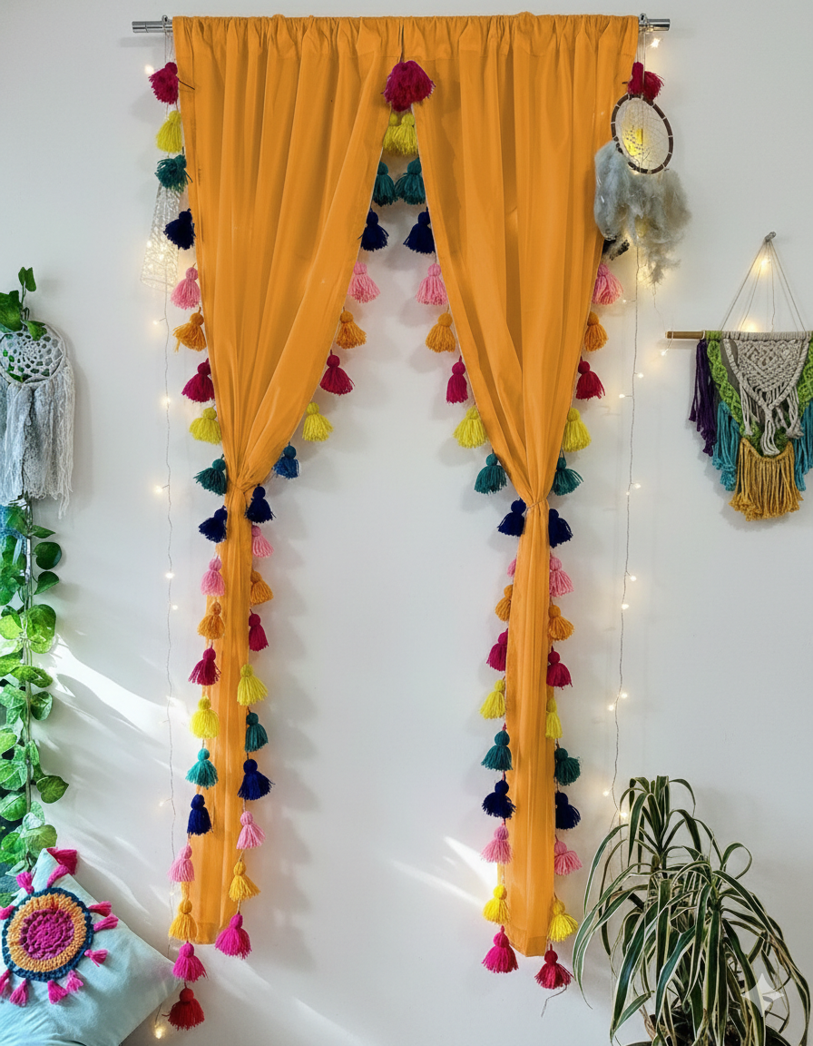Orange Sheer Curtain with Multicolor Tassel Borders Main image