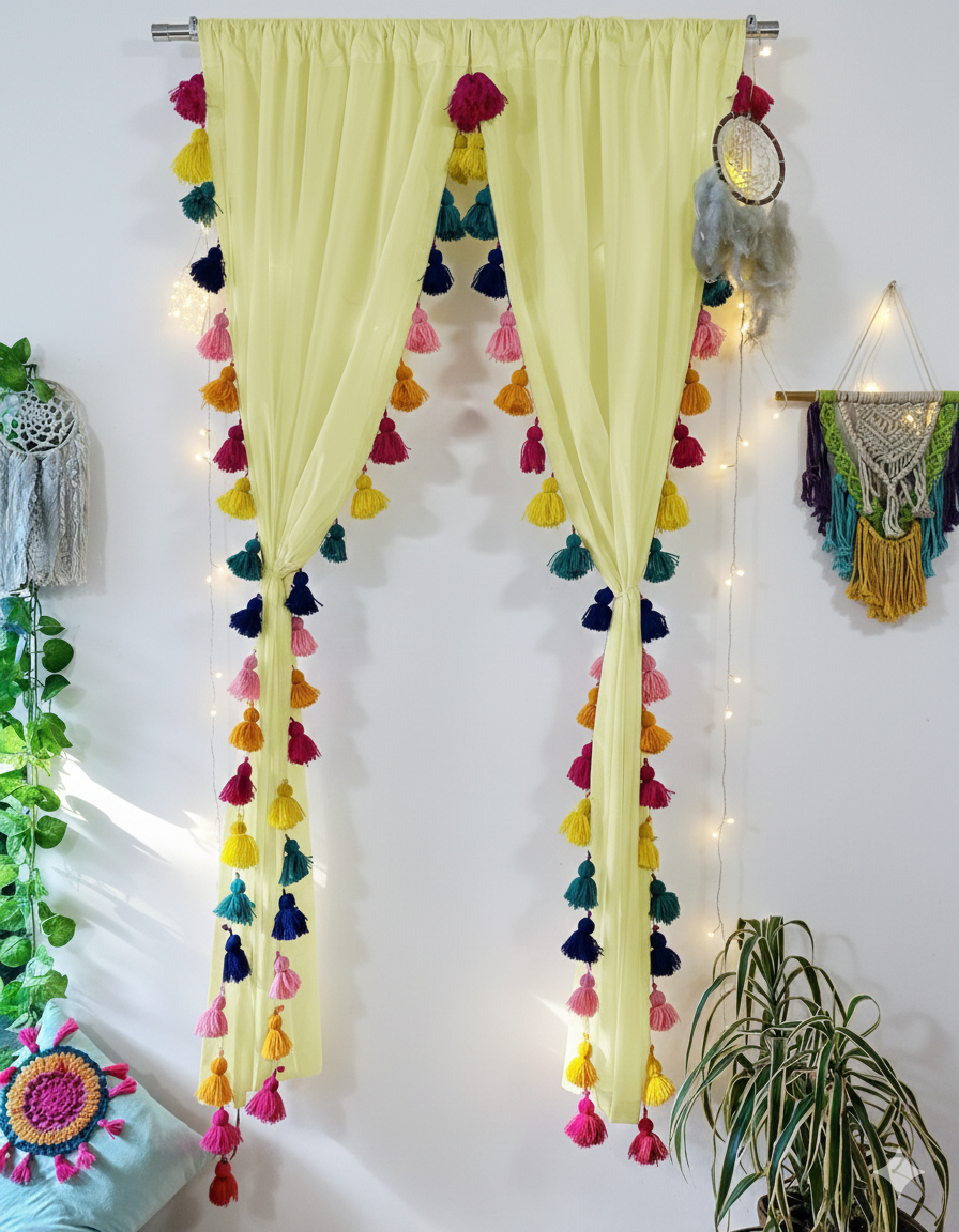 Soft Yellow Sheer Curtain with Multicolor Tassel Edges