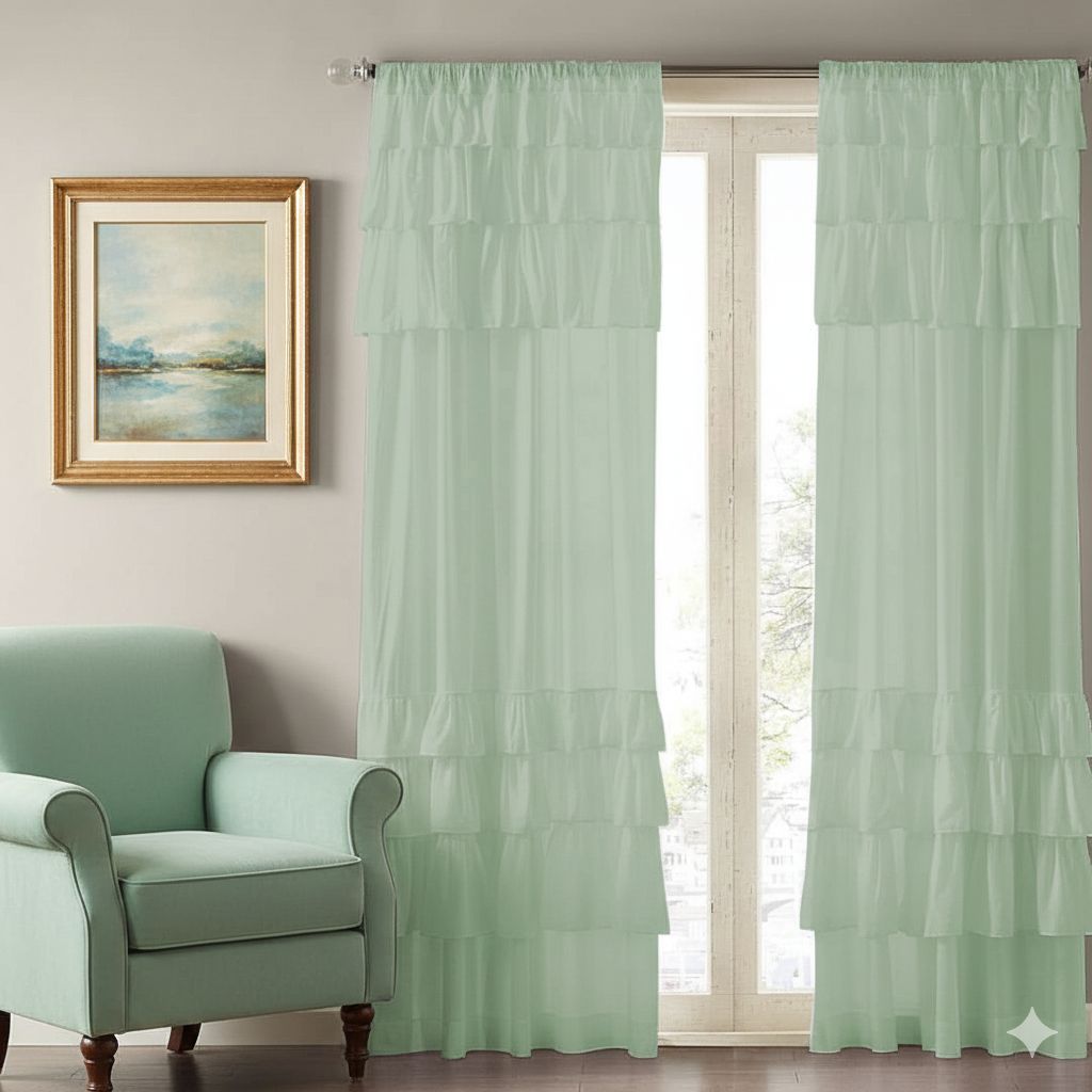 Soft Mint Green Sheer Curtain with Layered Ruffle Panels Main image
