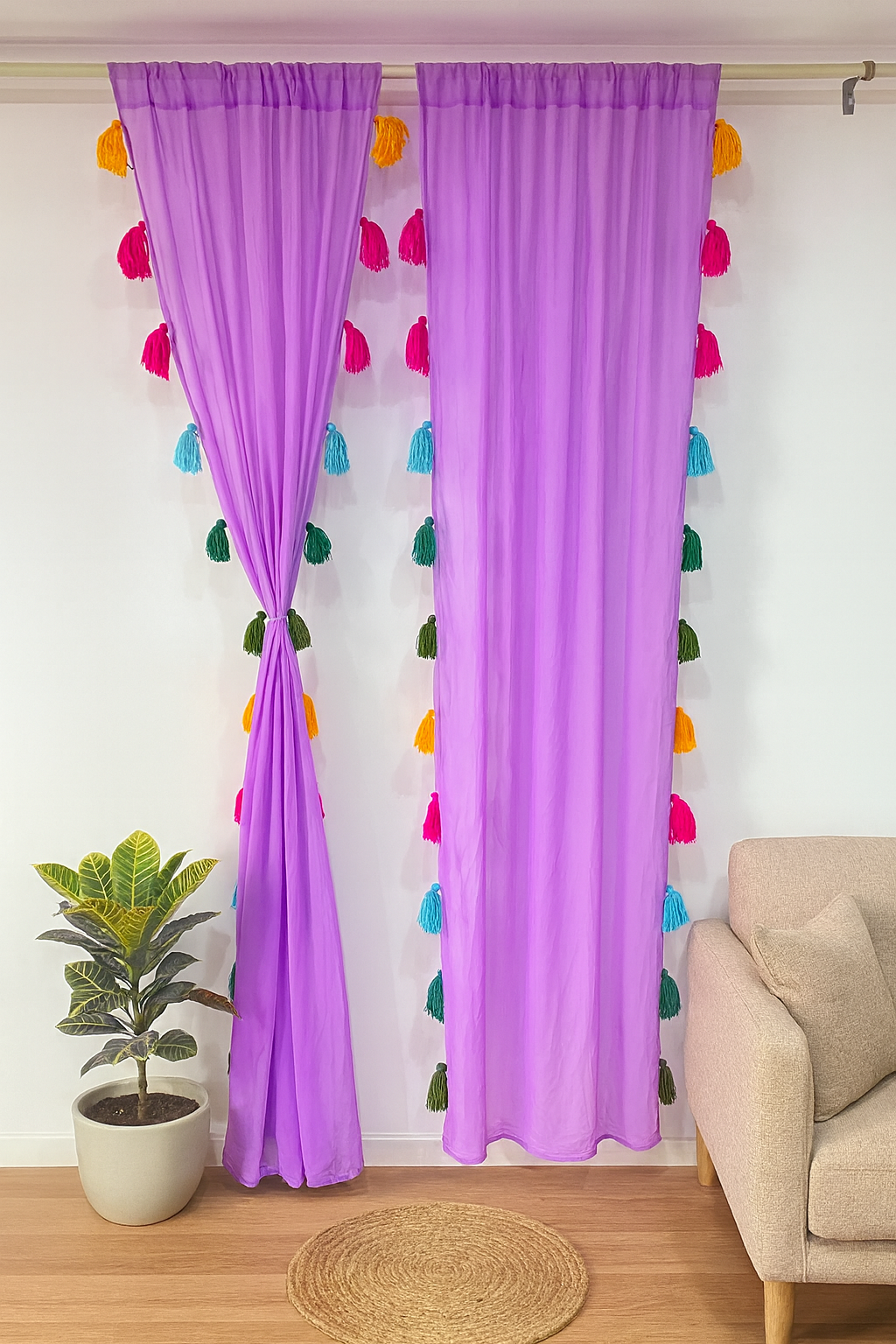 Sheer Purple Window Curtain with Colorful Tassel Accents Main image