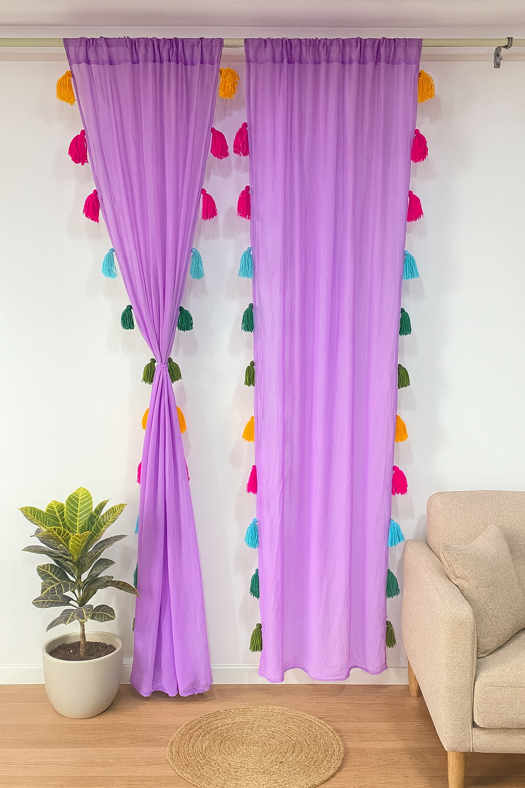 Sheer Purple Window Curtain with Colorful Tassel Accents