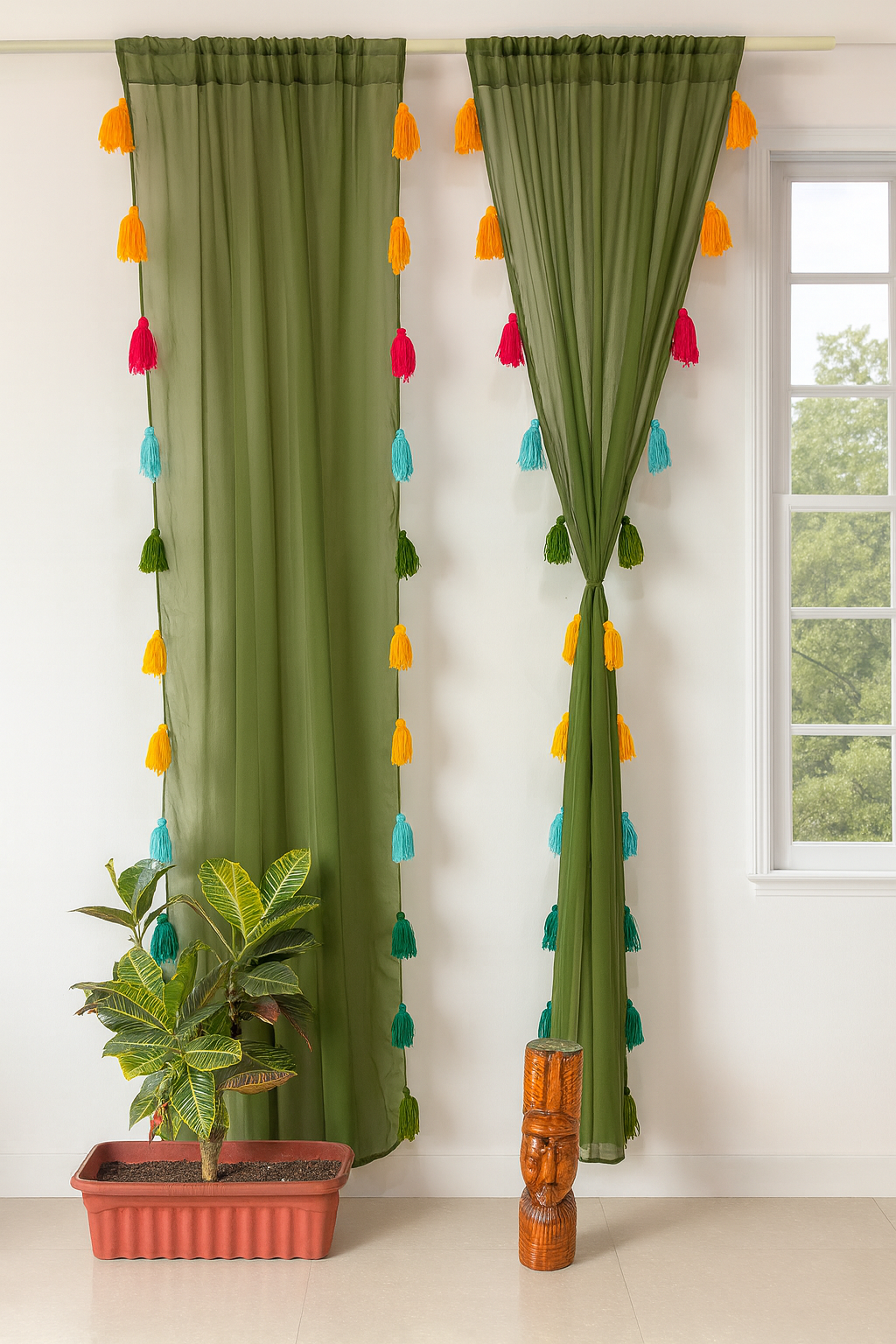 Sheer Olive Green Window Curtain with Multicolor Tassel Detailing Secondary image
