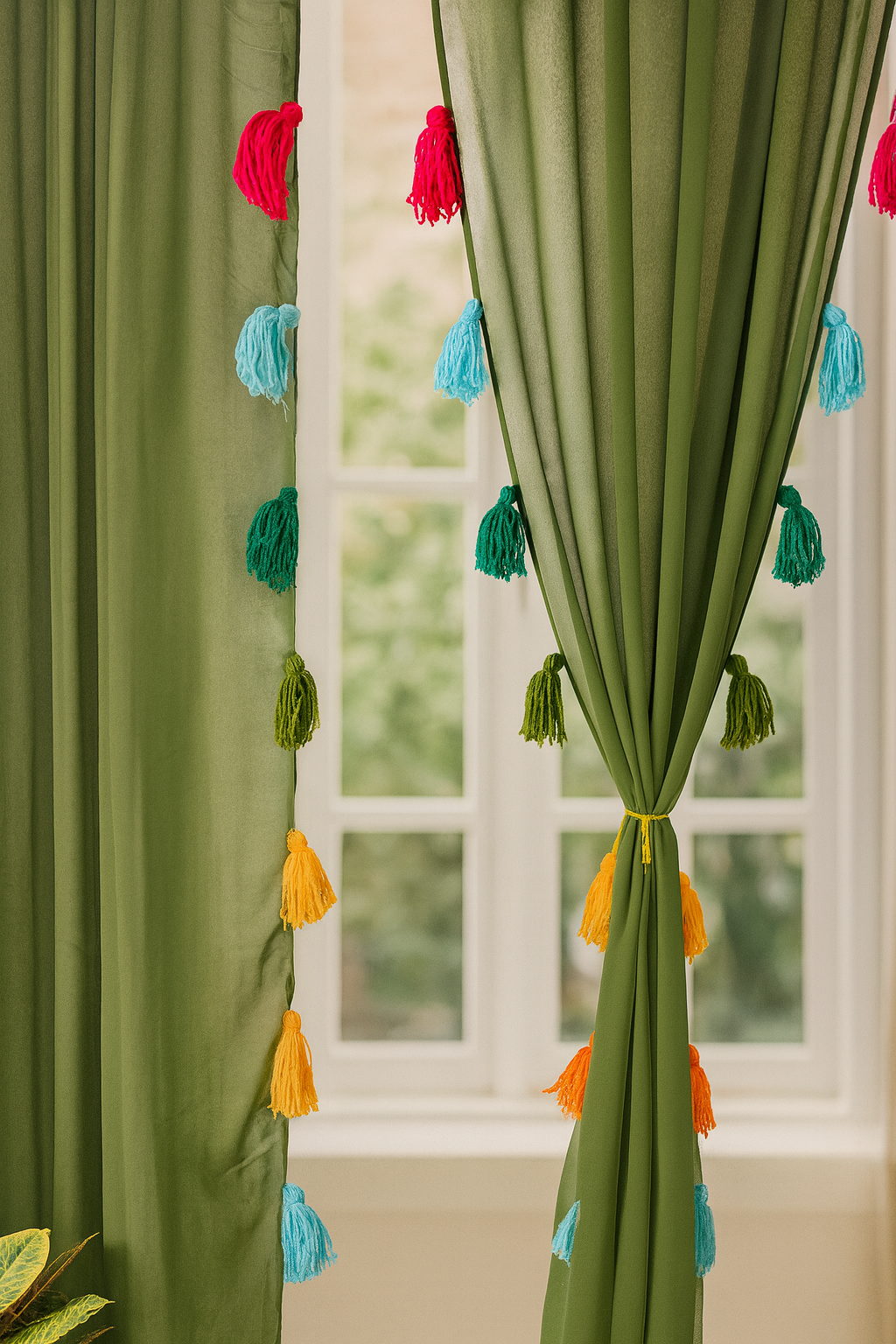 Sheer Olive Green Window Curtain with Multicolor Tassel Detailing