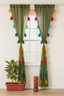 Sheer Olive Green Window Curtain with Multicolor Tassel Detailing