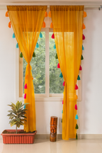 Mustard Yellow Sheer Curtains with Colorful Tassels