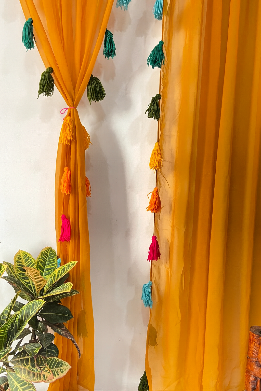 Mustard Yellow Sheer Curtains with Colorful Tassels
