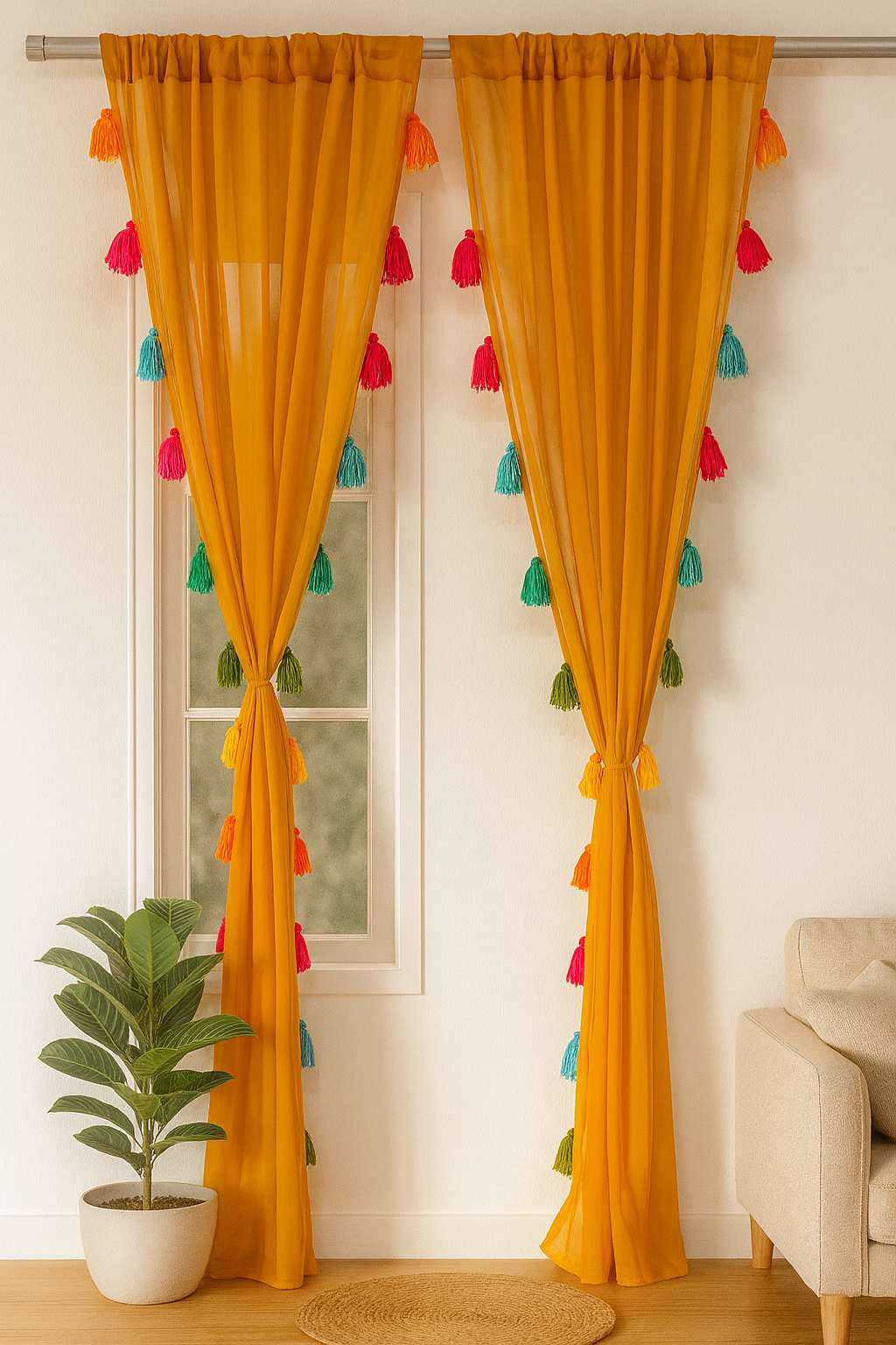 Mustard Yellow Sheer Curtains with Colorful Tassels