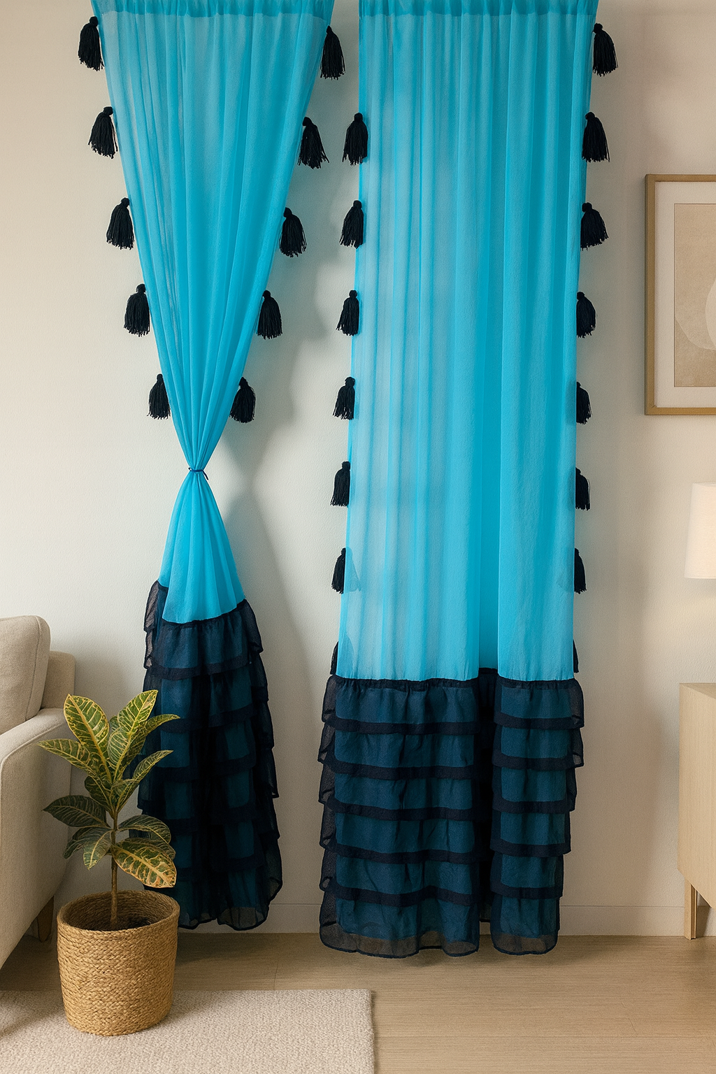 Sheer Blue Curtains with Tassel Details and Layered Border