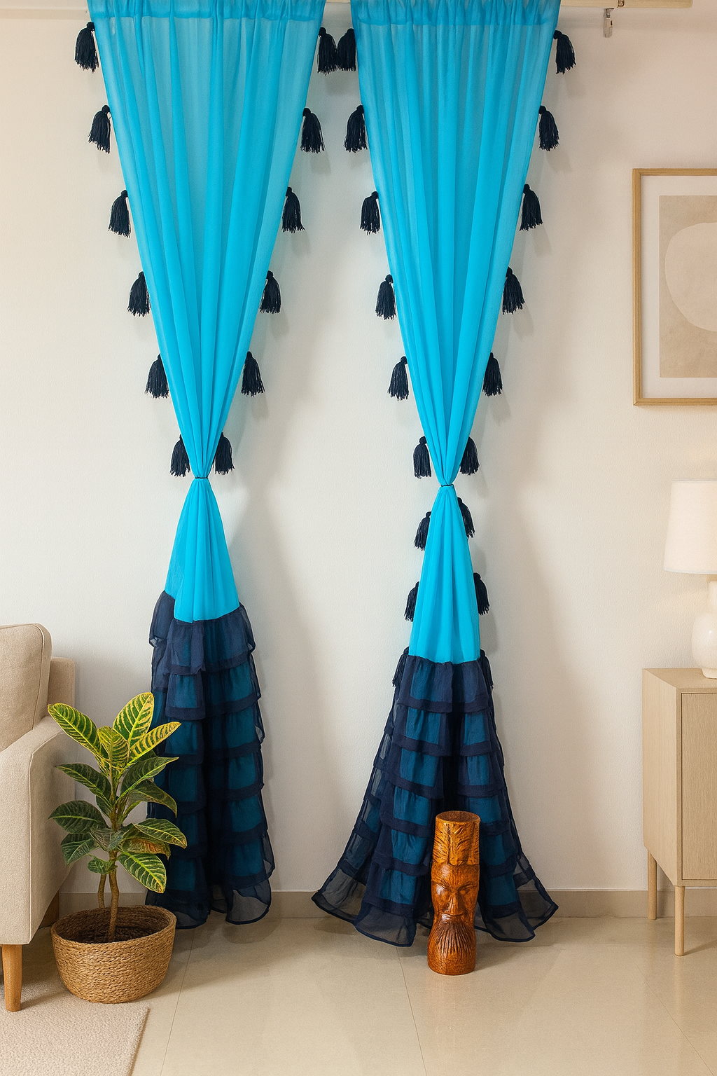Sheer Blue Curtains with Tassel Details and Layered Border