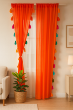 Sheer Orange Window Curtain with Colorful Tassel Accents
