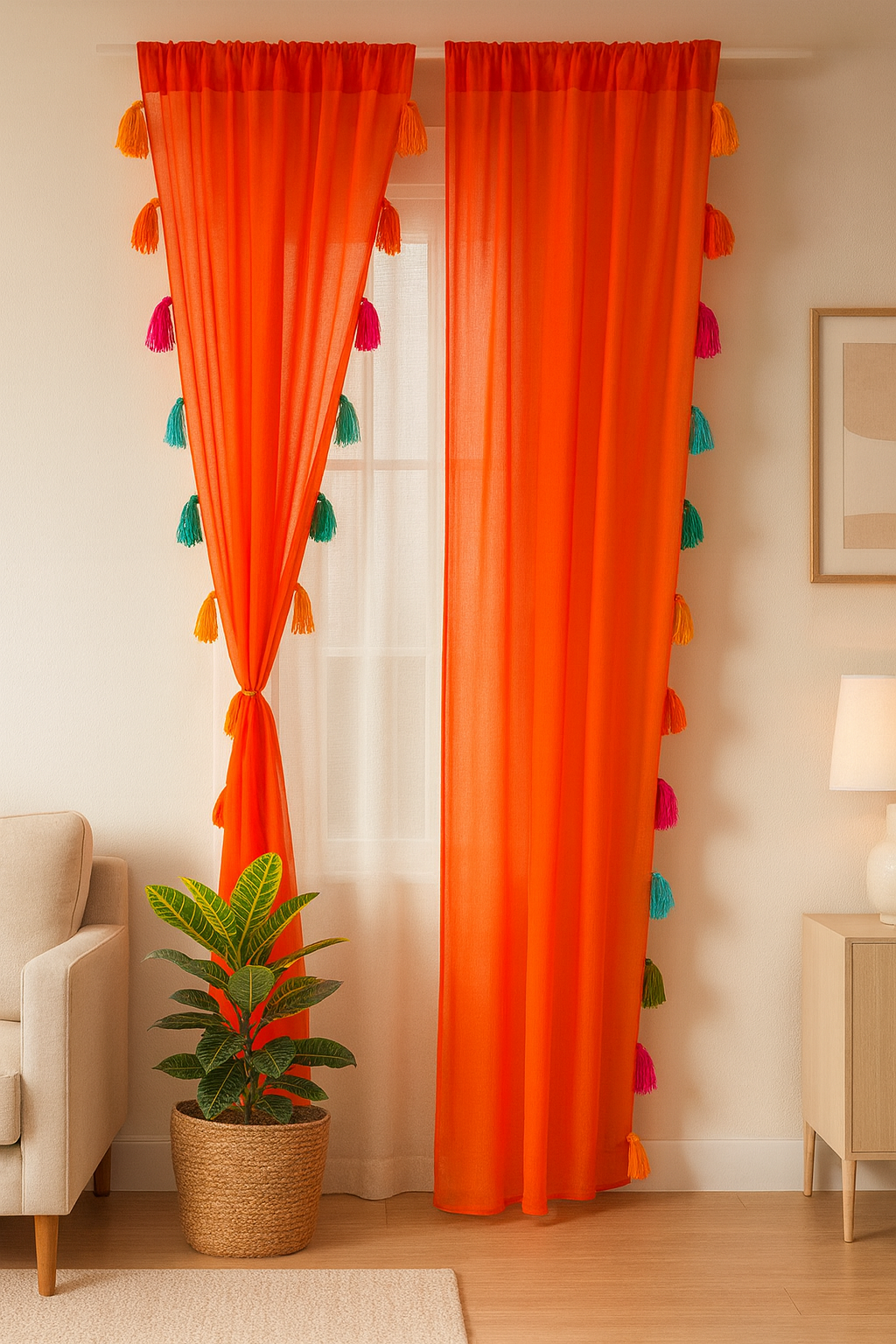 Sheer Orange Window Curtain with Colorful Tassel Accents