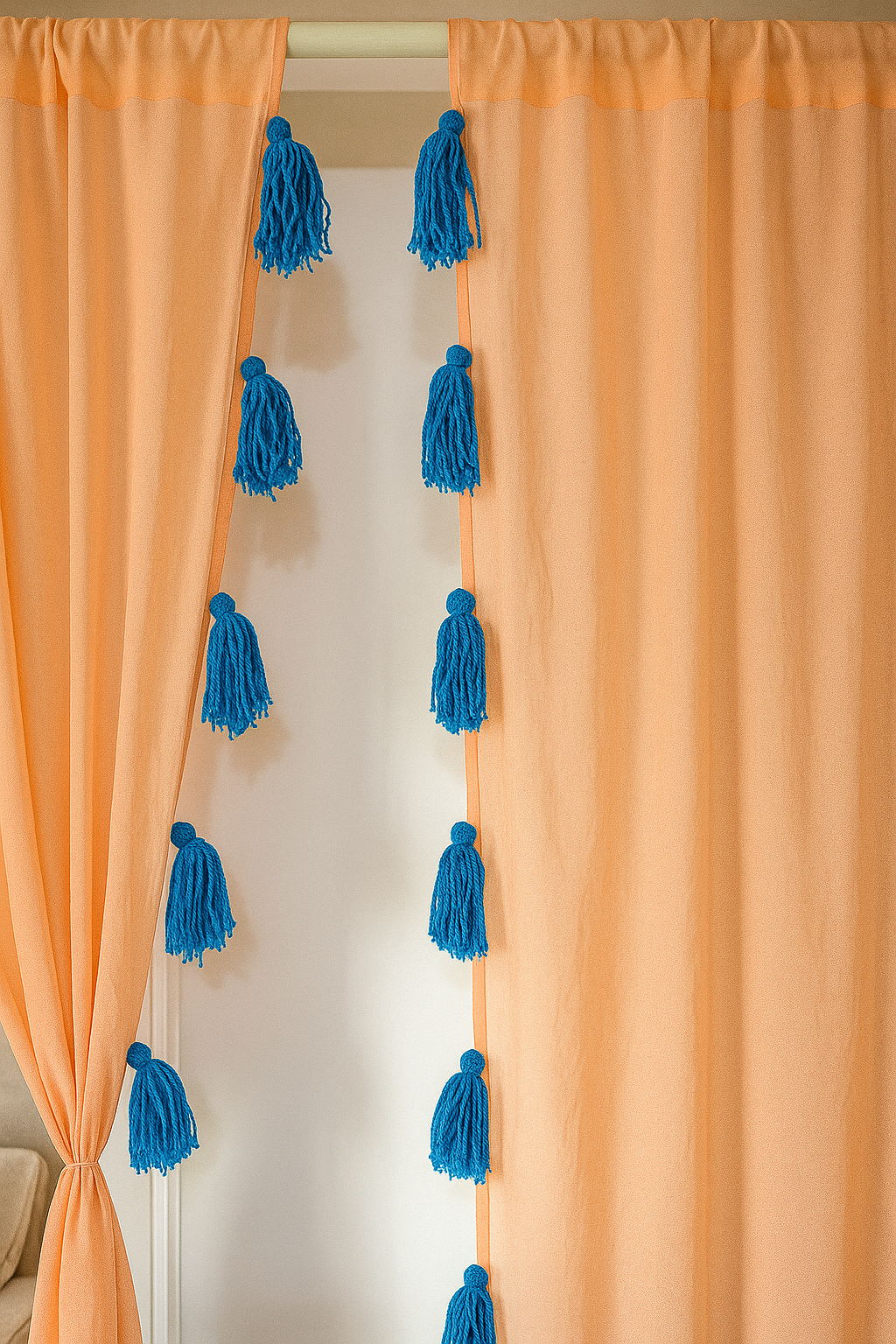 Peach Curtains with Teal Layered Bottom and Tassel Detailing