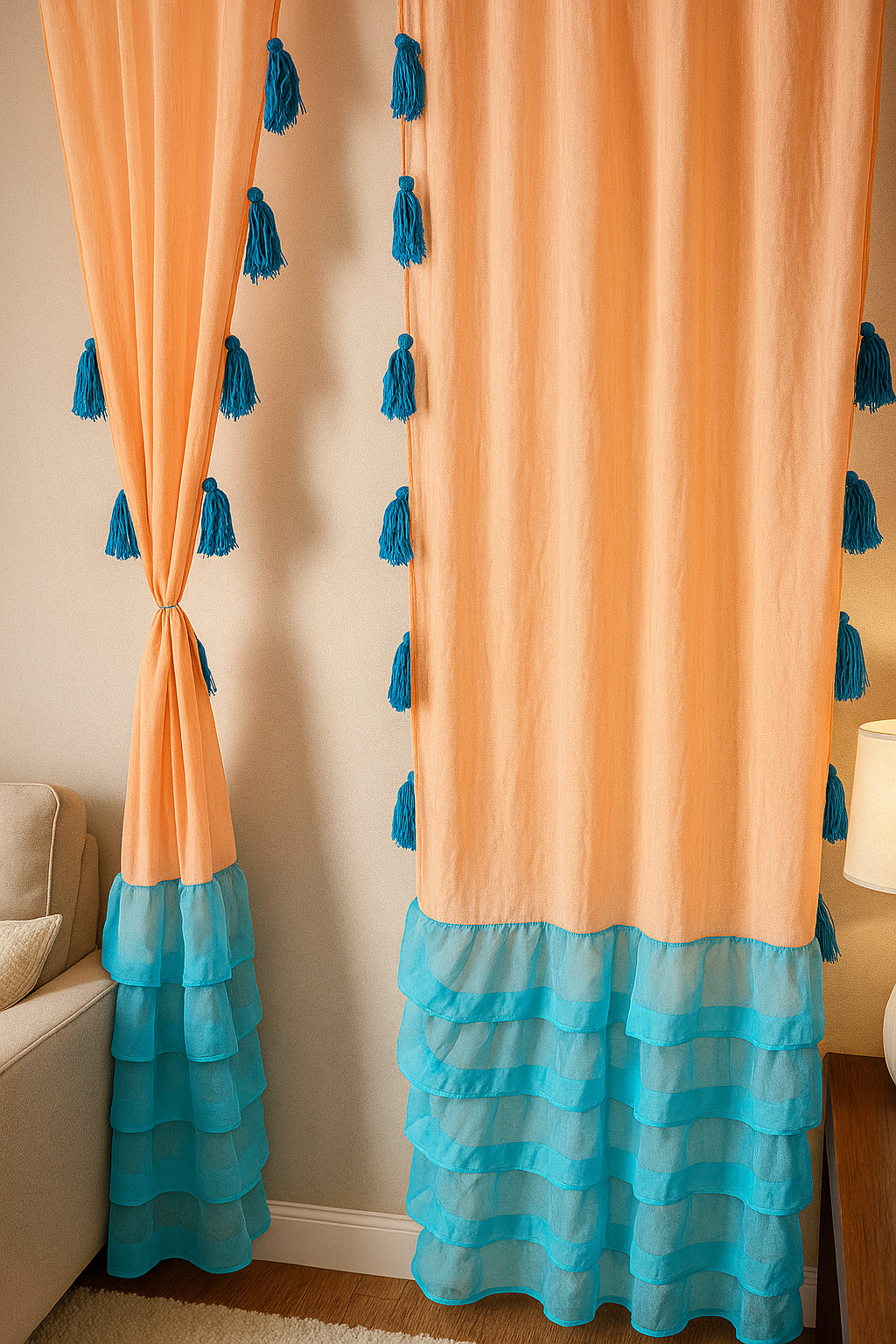 Peach Curtains with Teal Layered Bottom and Tassel Detailing Secondary image