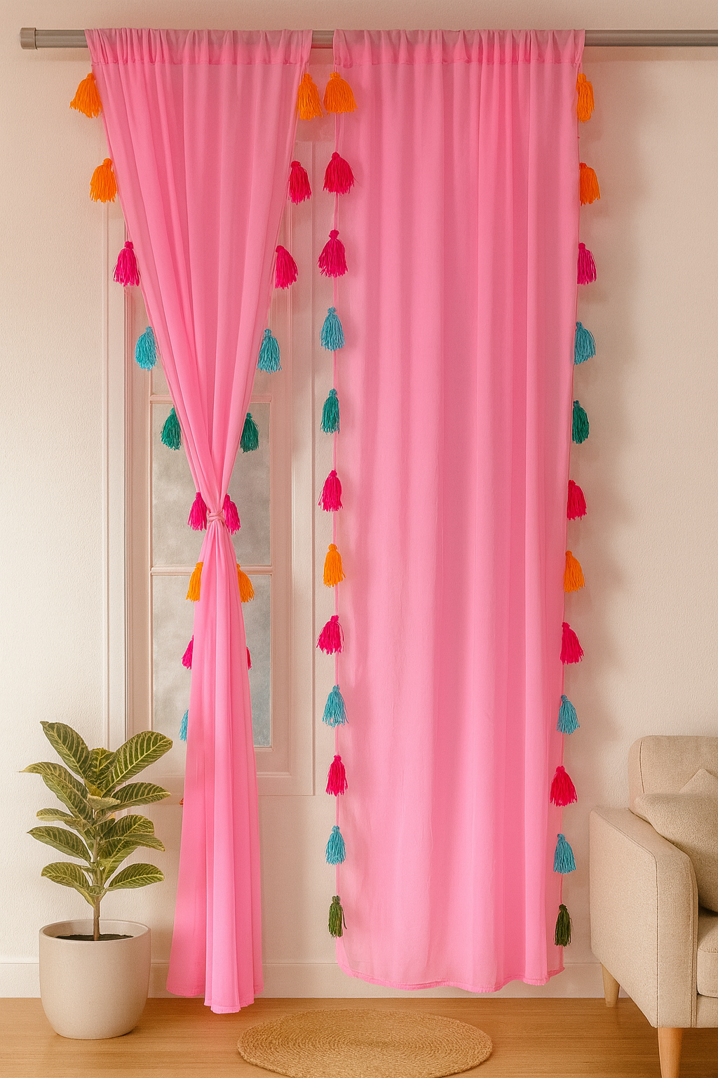 Bright Pink Sheer Curtains with Multi-Colored Tassels Main image