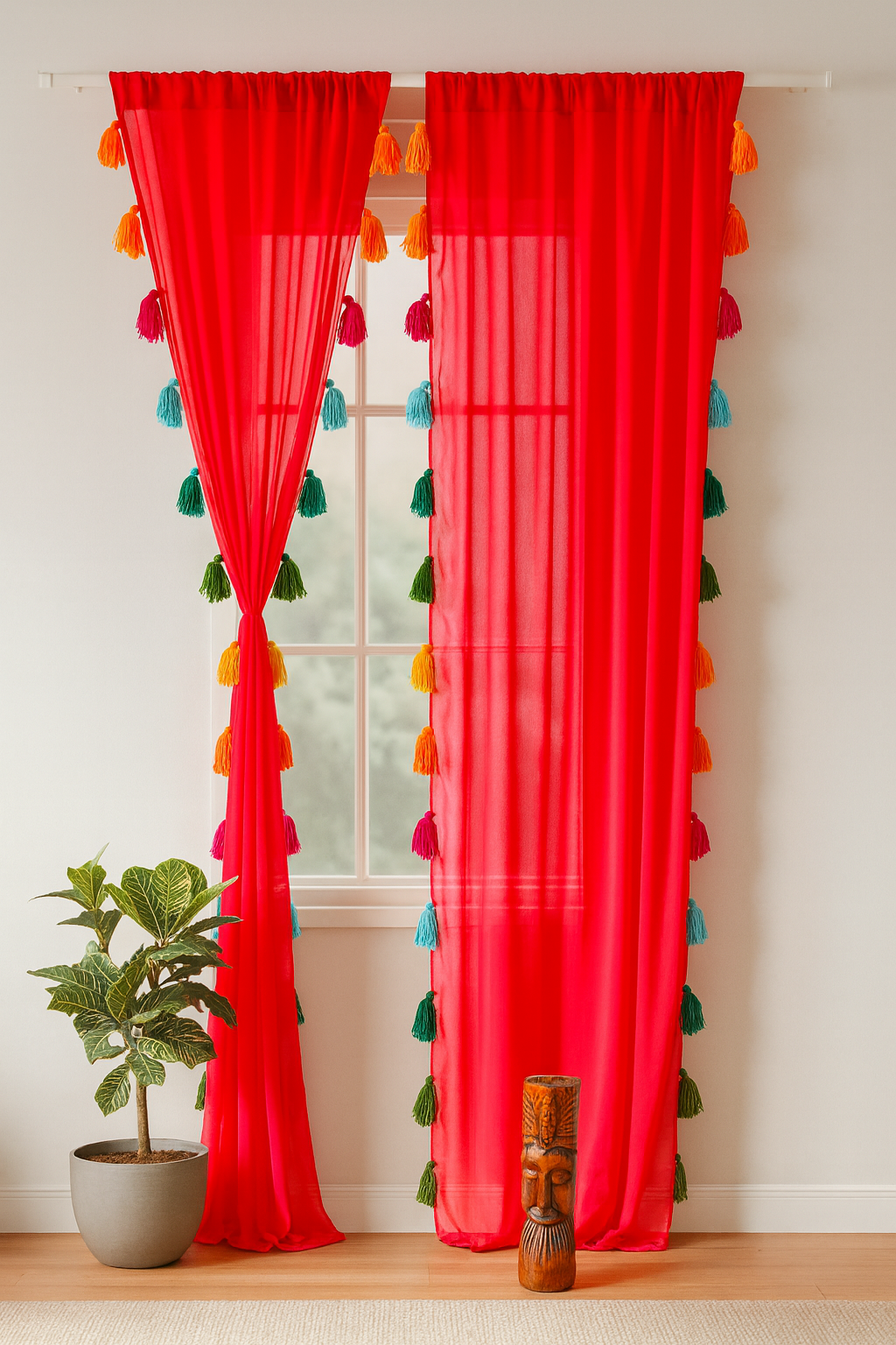 Sheer Red Window Curtain with Colorful Tassel Accents