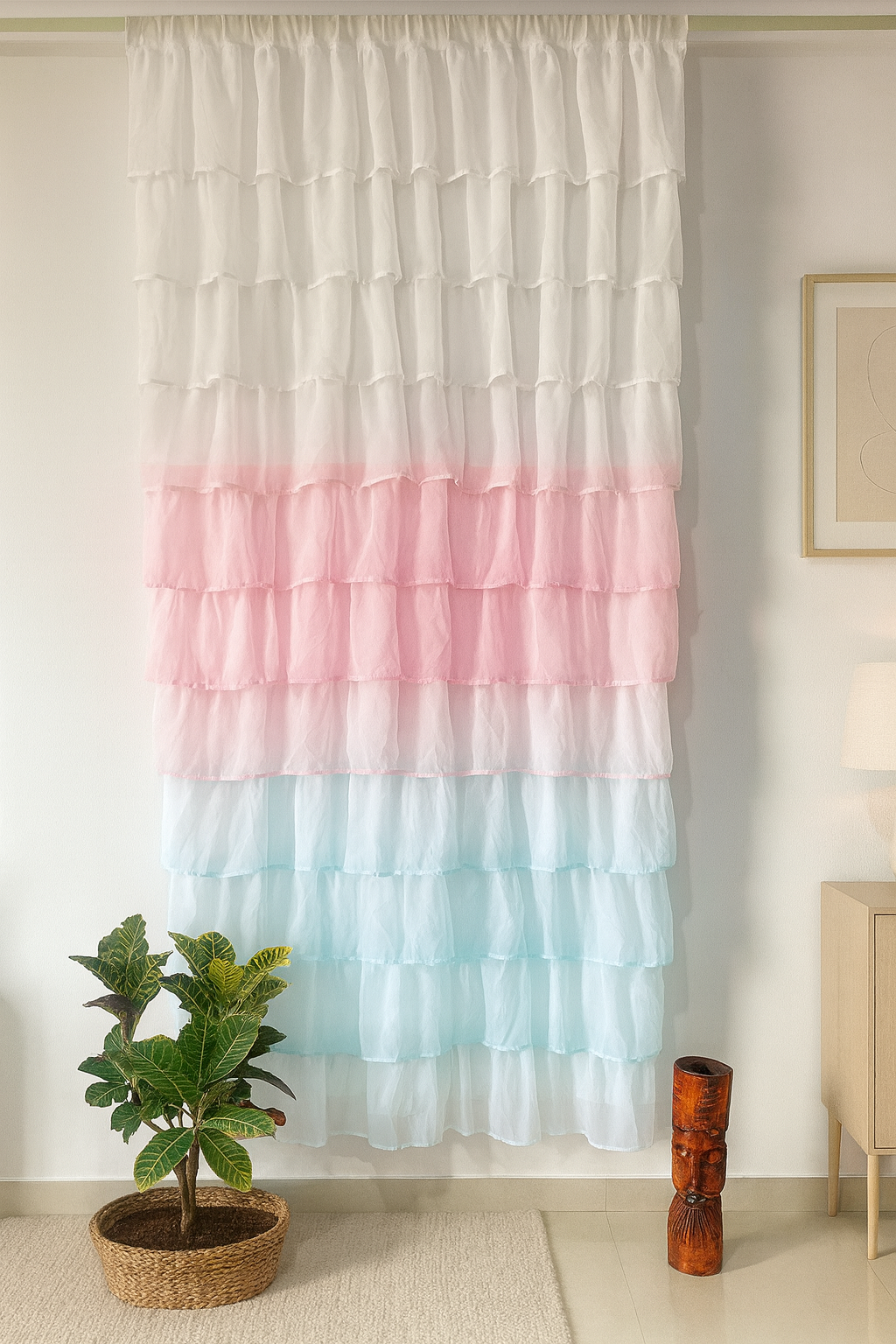White Curtains with Pink and Light Blue Layered Design Secondary image