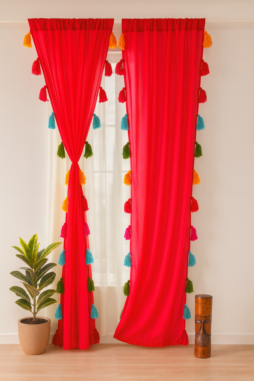 Sheer Red Window Curtain with Colorful Tassel Accents