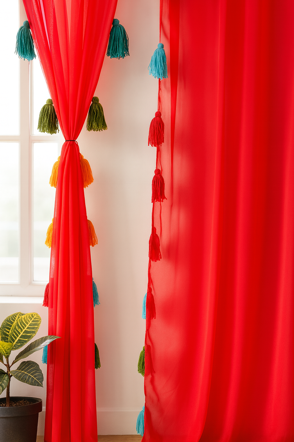 Sheer Red Window Curtain with Colorful Tassel Accents