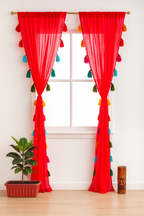 Sheer Red Window Curtain with Colorful Tassel Accents