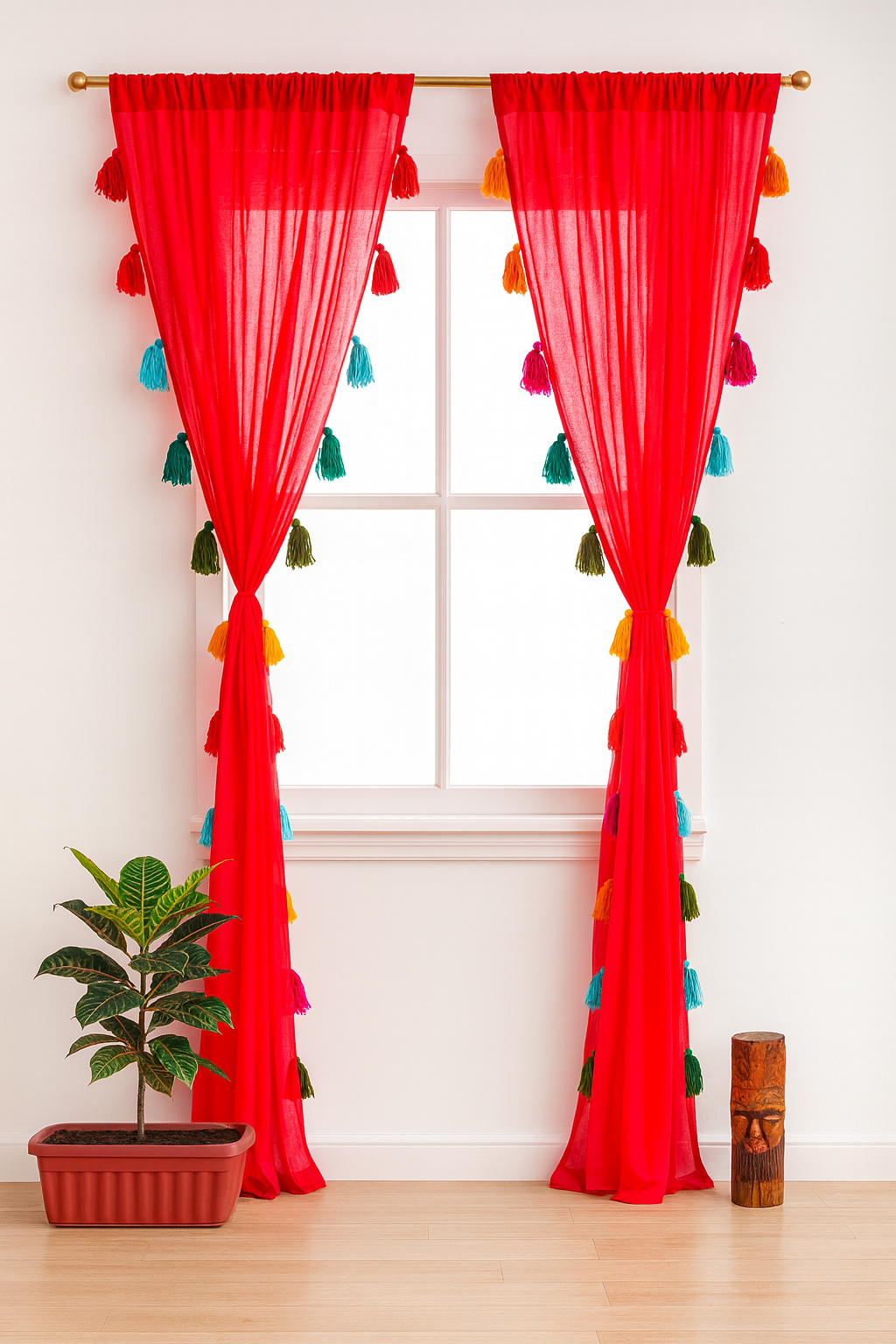 Sheer Red Window Curtain with Colorful Tassel Accents