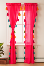 Sheer Red Window Curtain with Colorful Tassel Accents