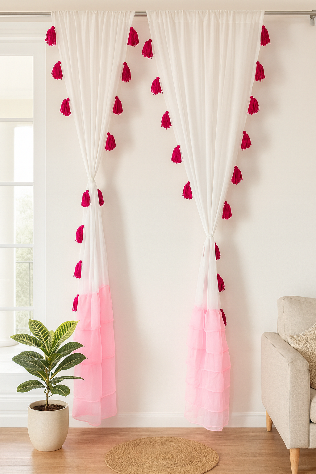 White Sheer Curtains with Pink and Magenta Tassels