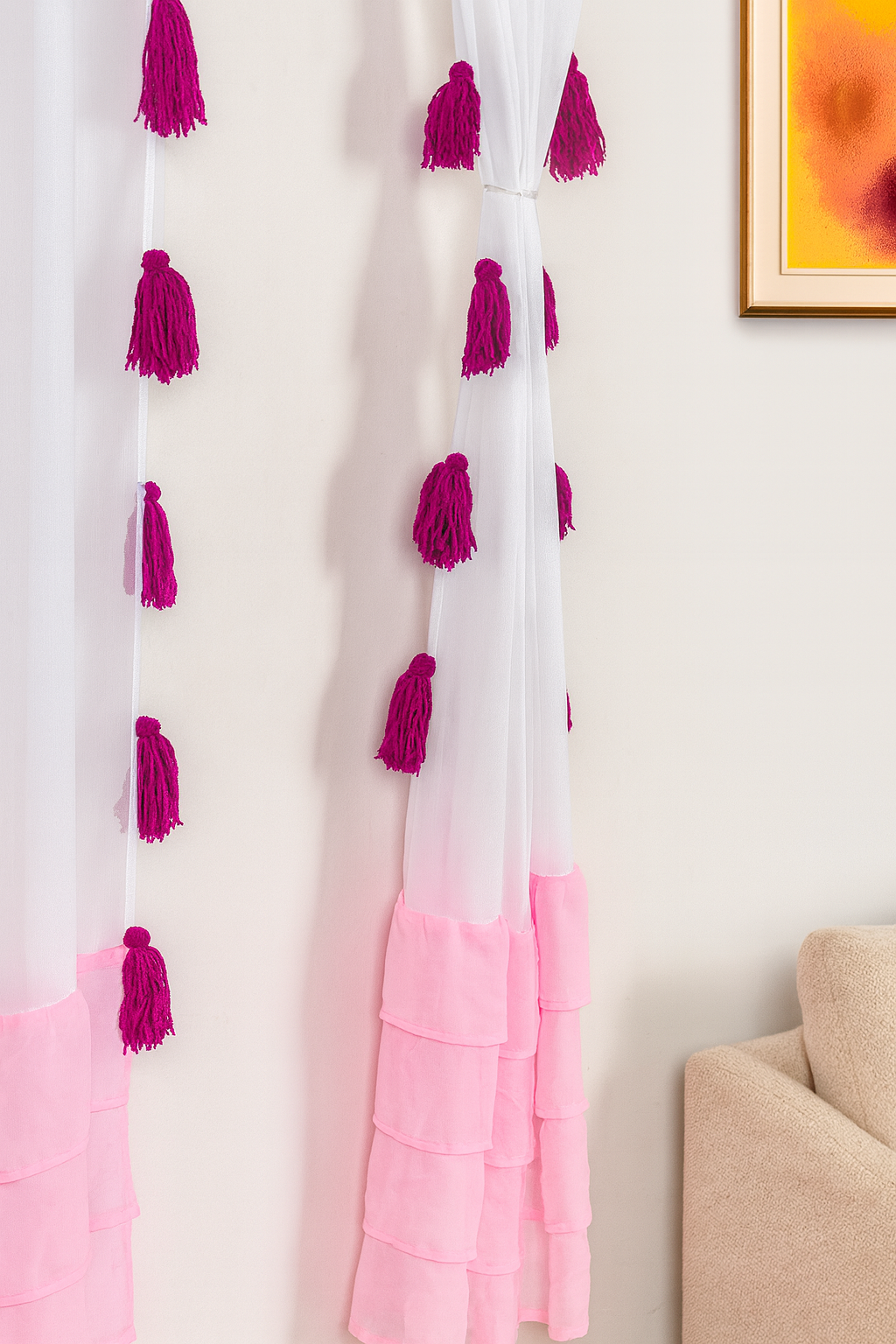 White Sheer Curtains with Pink and Magenta Tassels