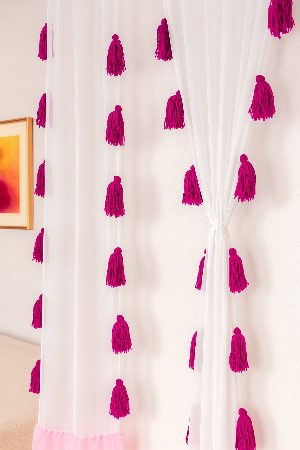 White Sheer Curtains with Pink and Magenta Tassels