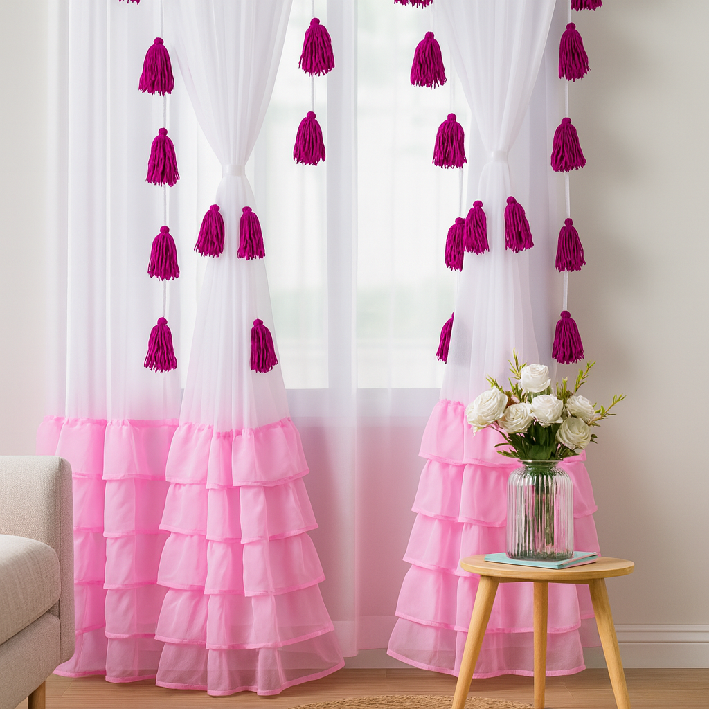White Sheer Curtains with Pink and Magenta Tassels