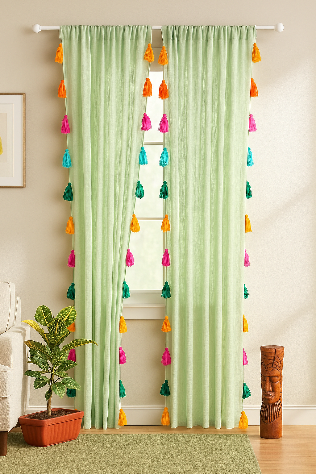 Sheer Light Green Window Curtain with Colorful Tassel Accents