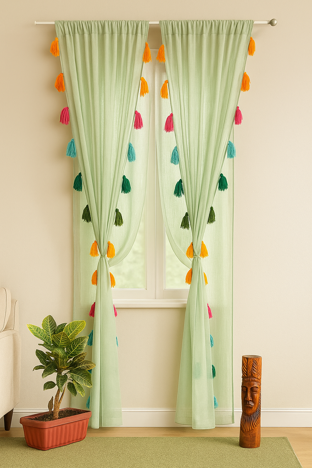 Sheer Light Green Window Curtain with Colorful Tassel Accents