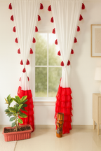 White Sheer Curtains with Red Tassels and Layered Border