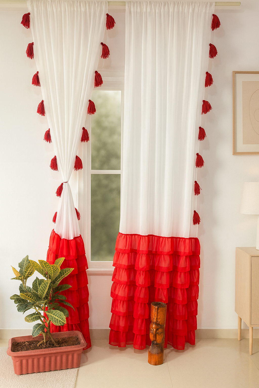 White Sheer Curtains with Red Tassels and Layered Border