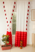 White Sheer Curtains with Red Tassels and Layered Border