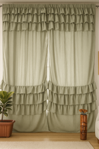 Soft Sage Green Sheer Window Curtains with Layered Ruffle Detail